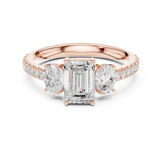 Emerald Cut Moissanite Diamond Ring with Oval Side Stones & Pave Band - View 2