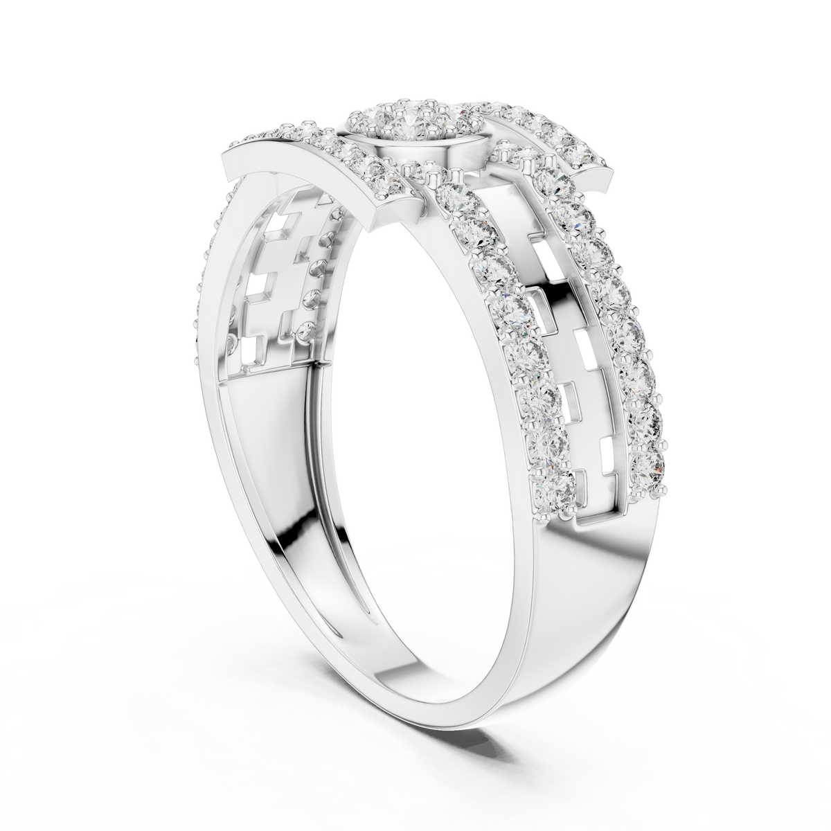 Round Cut Moissanite Diamond Men's Round Medallion Double Pave Border Ring - View 9