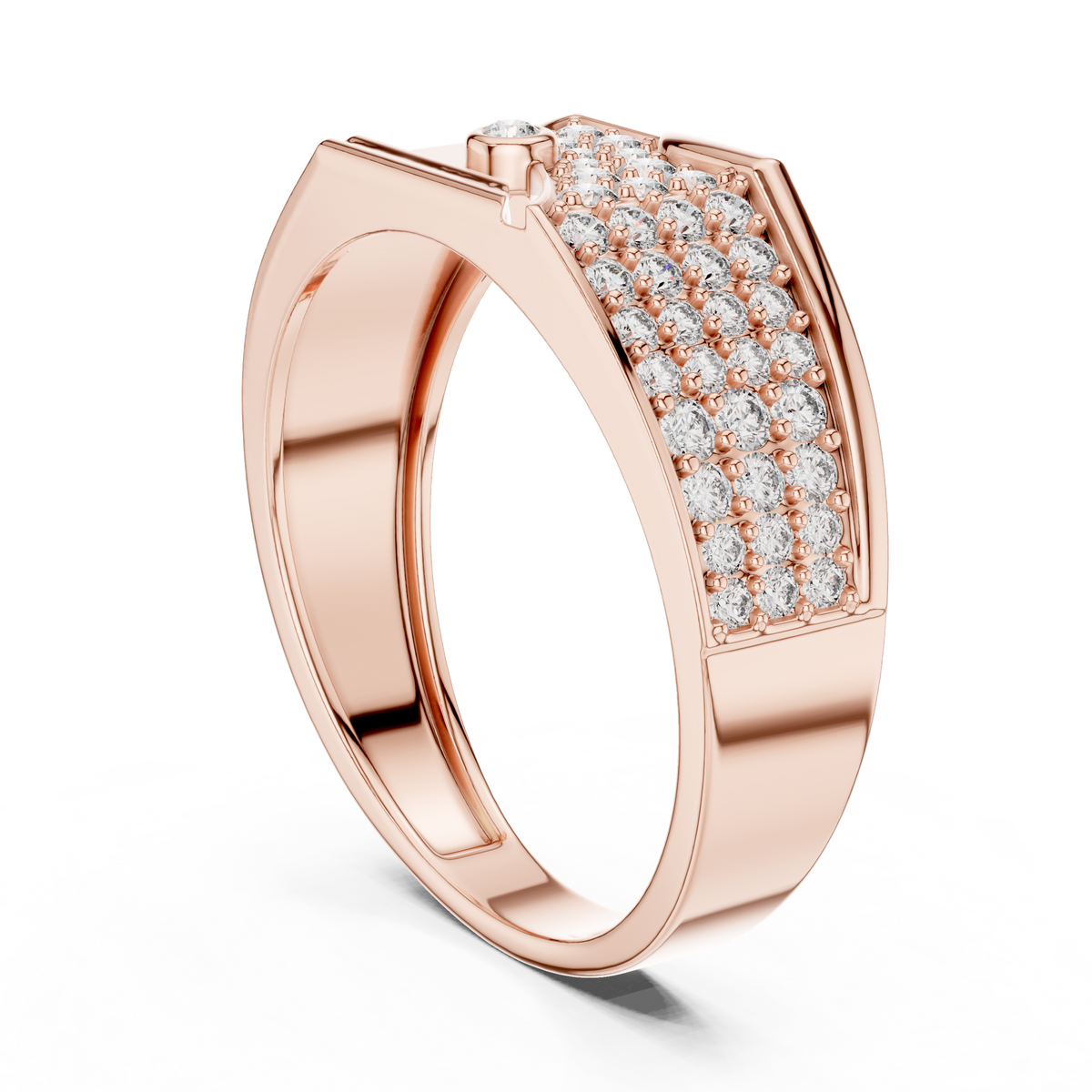 Round Cut Moissanite Diamond Men's Asymmetric Curved Pave Gold Signet Ring - View 8