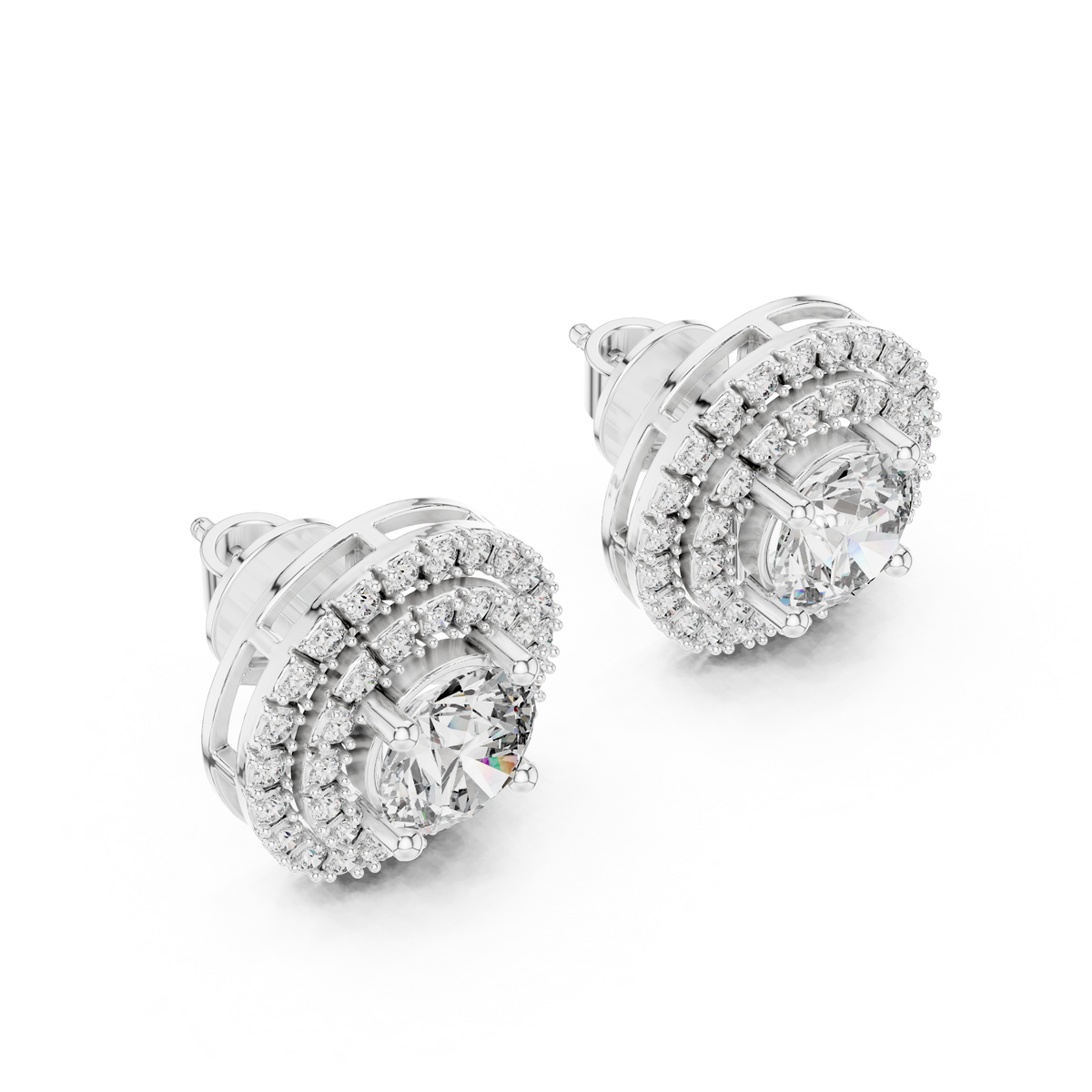 Tiered Double Halo Round Moissanite Diamond Stud Earrings - View 6