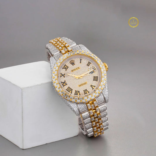 Imperial Gold and Silver Lab Diamond Encrusted Roman Luxury Timepiece with Full Pavé Dial and Baguette-Cut Detailing