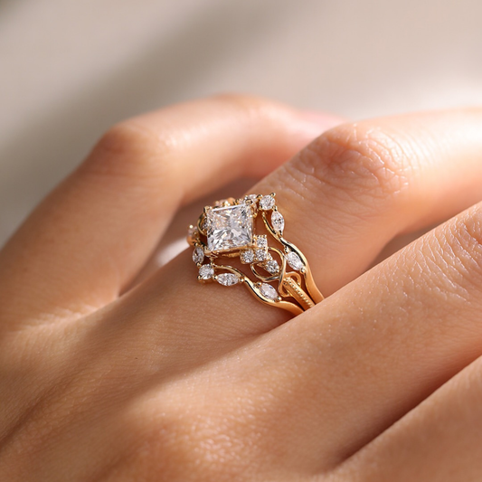 Princess Cut Moissanite Diamond Vine Engagement Ring with Leaf Accents - View 2