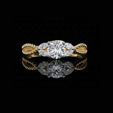 Round Cut Moissanite Rope Band Ring with Marquise Side Stones
