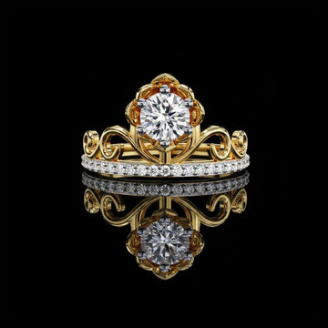 Round Lab Diamond Vintage Floral Ring With Scroll Pave Band Crown