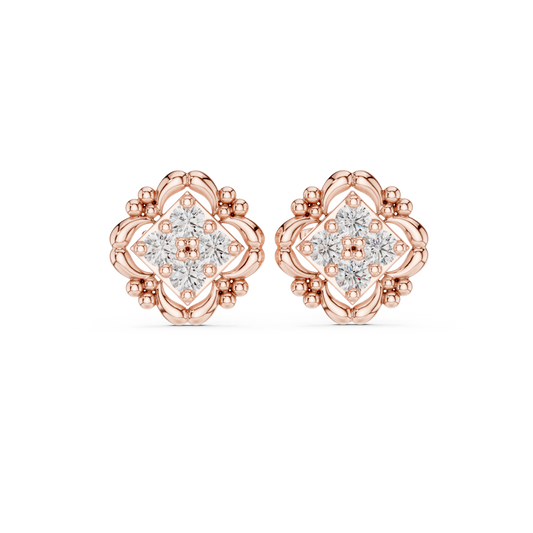 Sculpted Ornate Round Lab Diamond Stud Earrings with Floral Beaded Frame - View 2