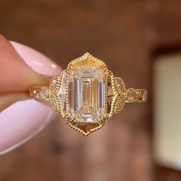 Vintage Art Deco Emerald Cut Moissanite Diamond Engagement Ring
