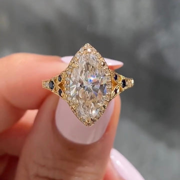 Dutch Marquise Halo Moissanite Diamond Wedding Ring With Side Stones