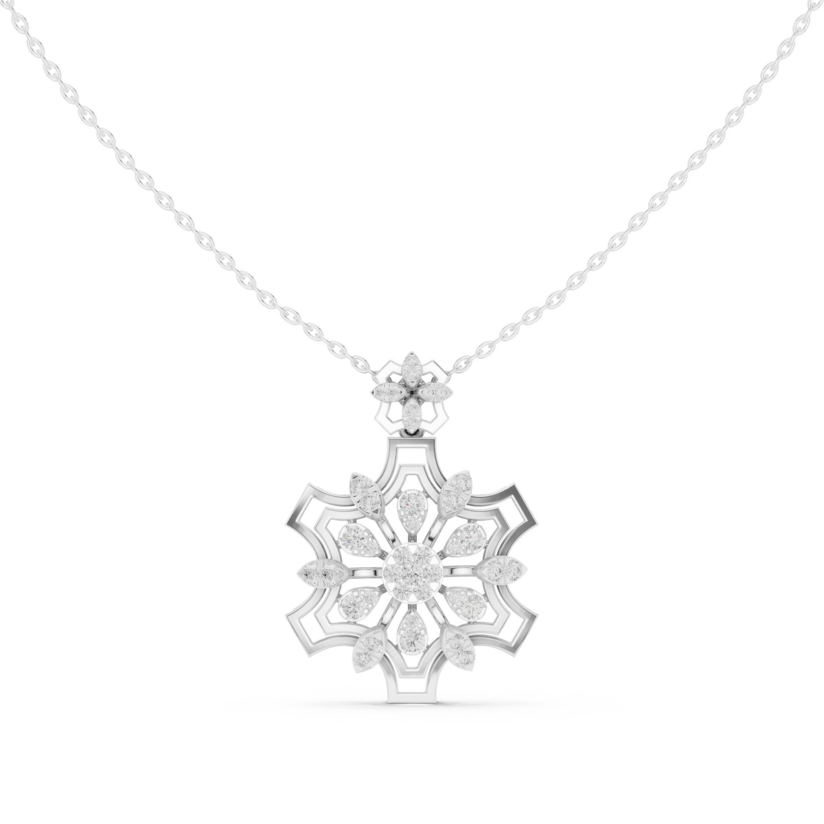 Round Lab Grown Diamond Snowflake Floral Pendant Necklace - View 3