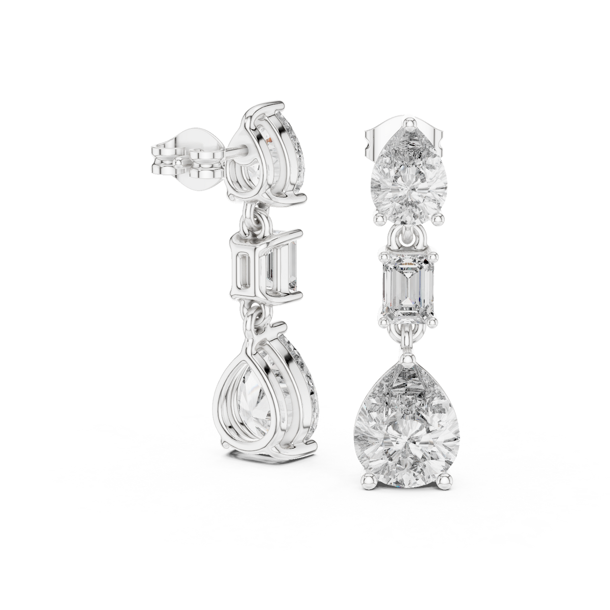 Three Stone Pear & Emerald Cut Lab Diamond Drop Stud Earrings with Vertical Design - View 9