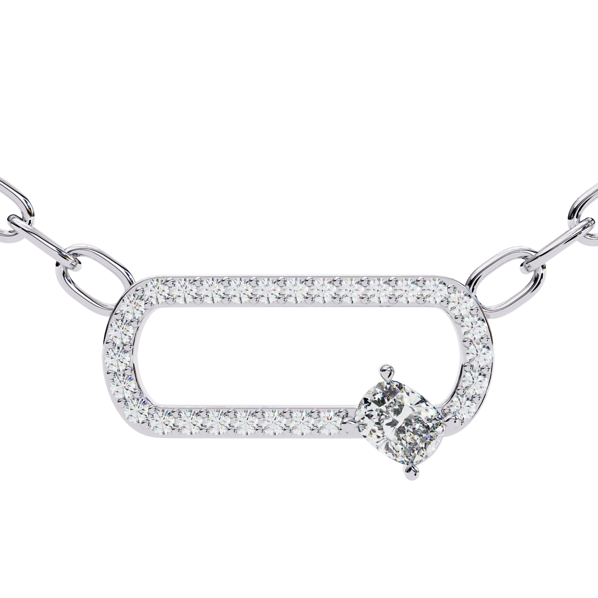 Openwork Pave Oval Link Off Center Cushion Lab Grown Diamond Pendant - View 4