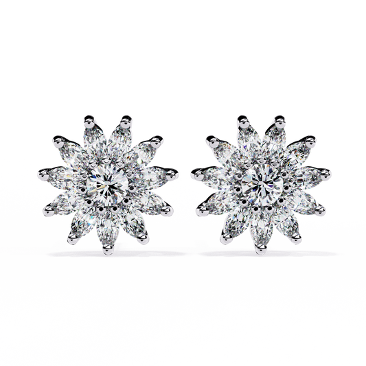Floral Lab Diamond Marquise Cluster Stud Earrings with Round Center - View 2