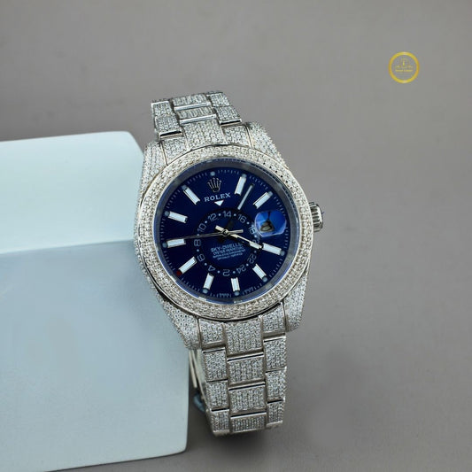 Lab Grown Diamond-Encrusted White Gold Timepiece Featuring Sapphire Blue Dial & Precision Craftsmanship