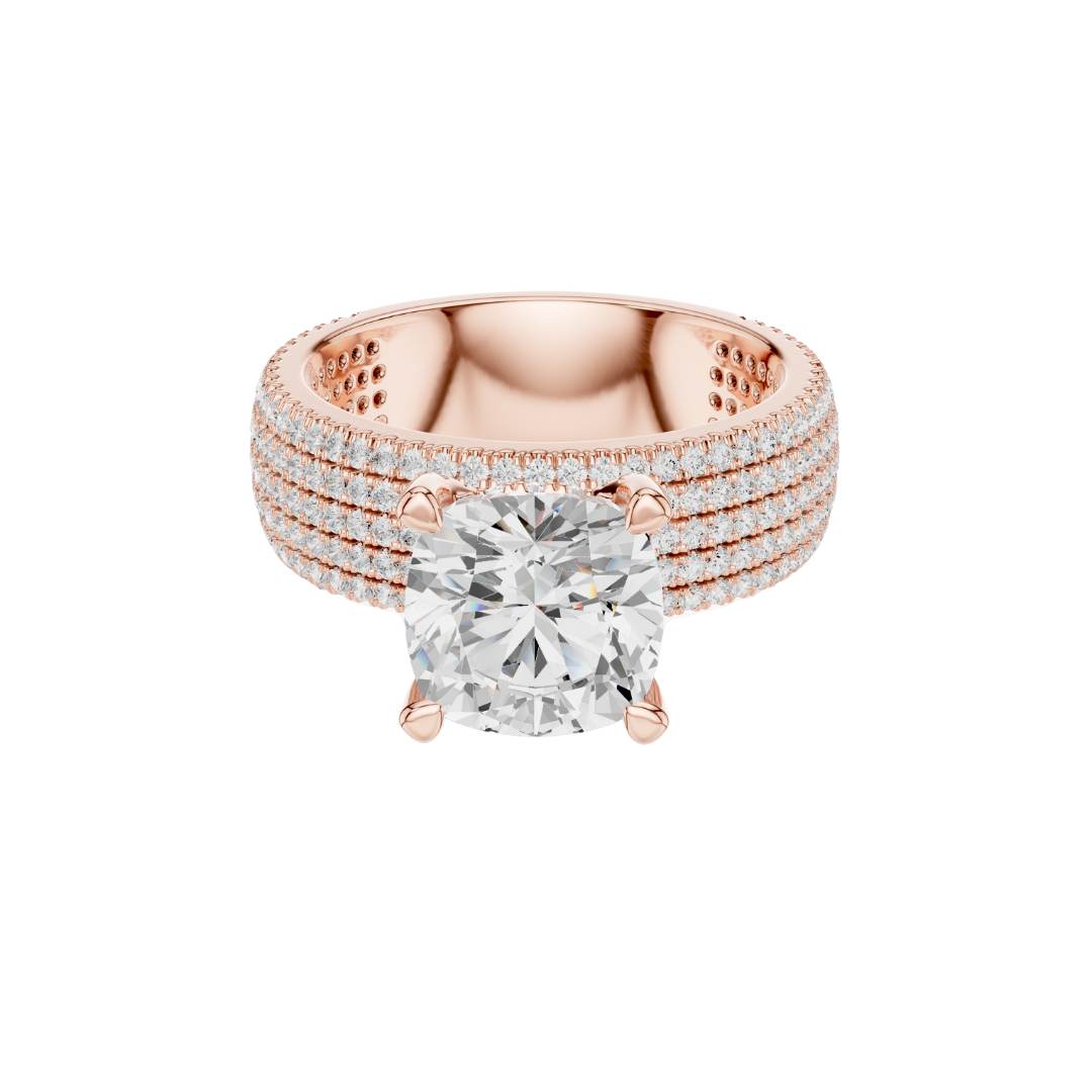 Four Row Cushion Lab Diamond Engagement Ring Pave Wedding Band - View 2