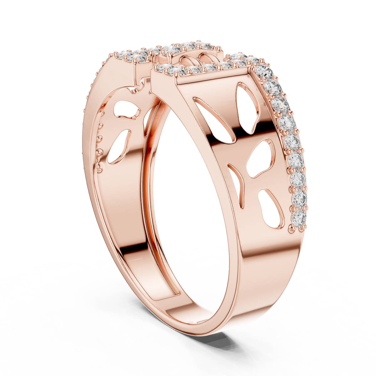 Round Cut Lab Grown Diamond Men's Openwork Floating Bridge Gold Band - View 8