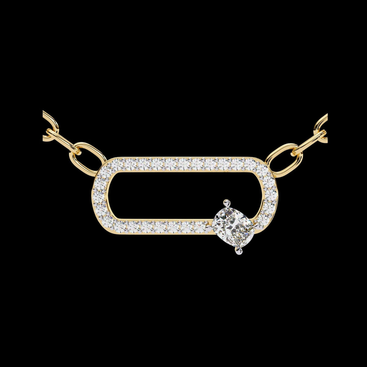 Openwork Pave Oval Link Off Center Cushion Lab Grown Diamond Pendant