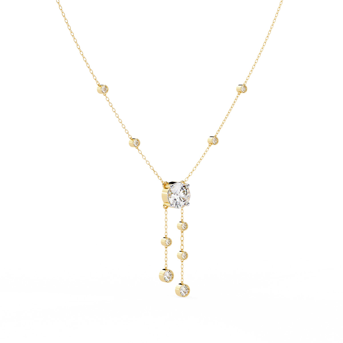 Round Moissanite Diamond Lariat Necklace with Bezel Station Drops - View 5