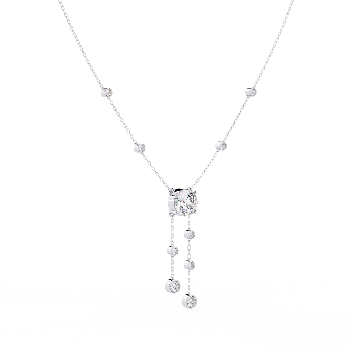 Round Moissanite Diamond Lariat Necklace with Bezel Station Drops - View 6