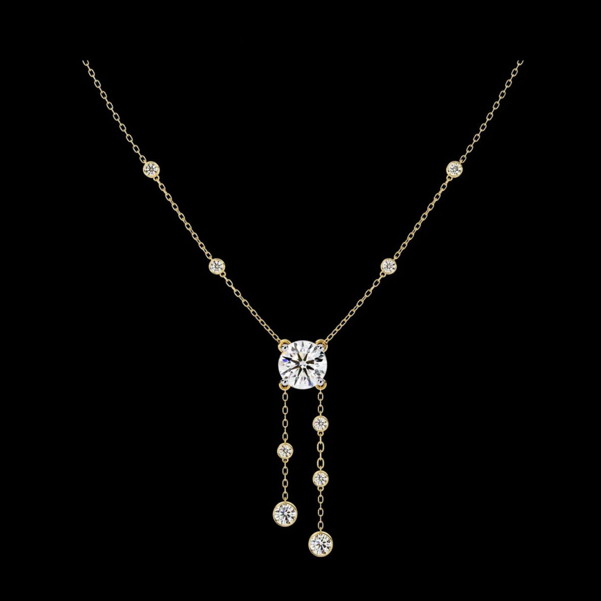 Round Moissanite Diamond Lariat Necklace with Bezel Station Drops
