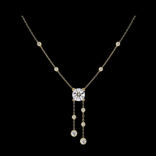 Round Moissanite Diamond Lariat Necklace with Bezel Station Drops