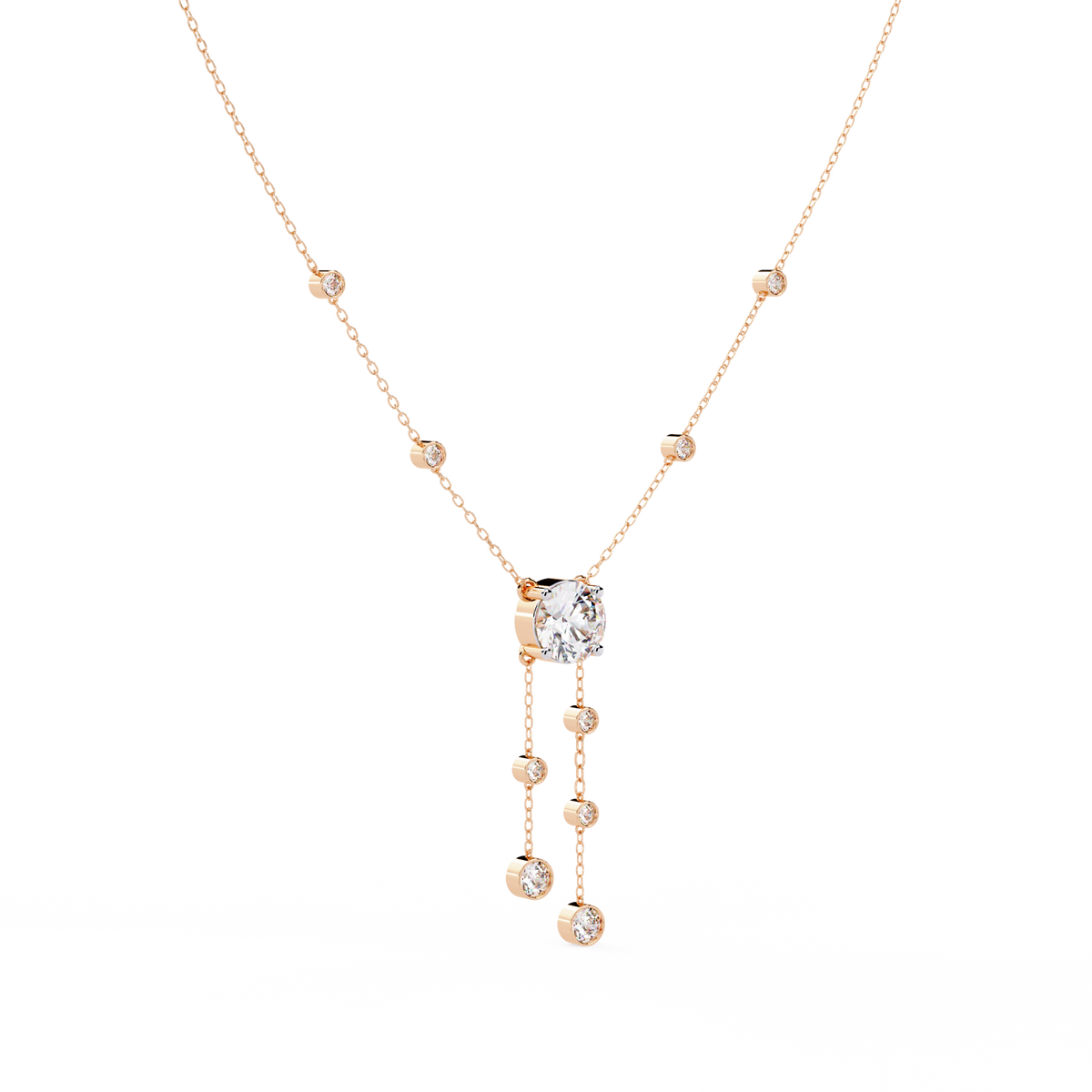 Round Moissanite Diamond Lariat Necklace with Bezel Station Drops - View 7