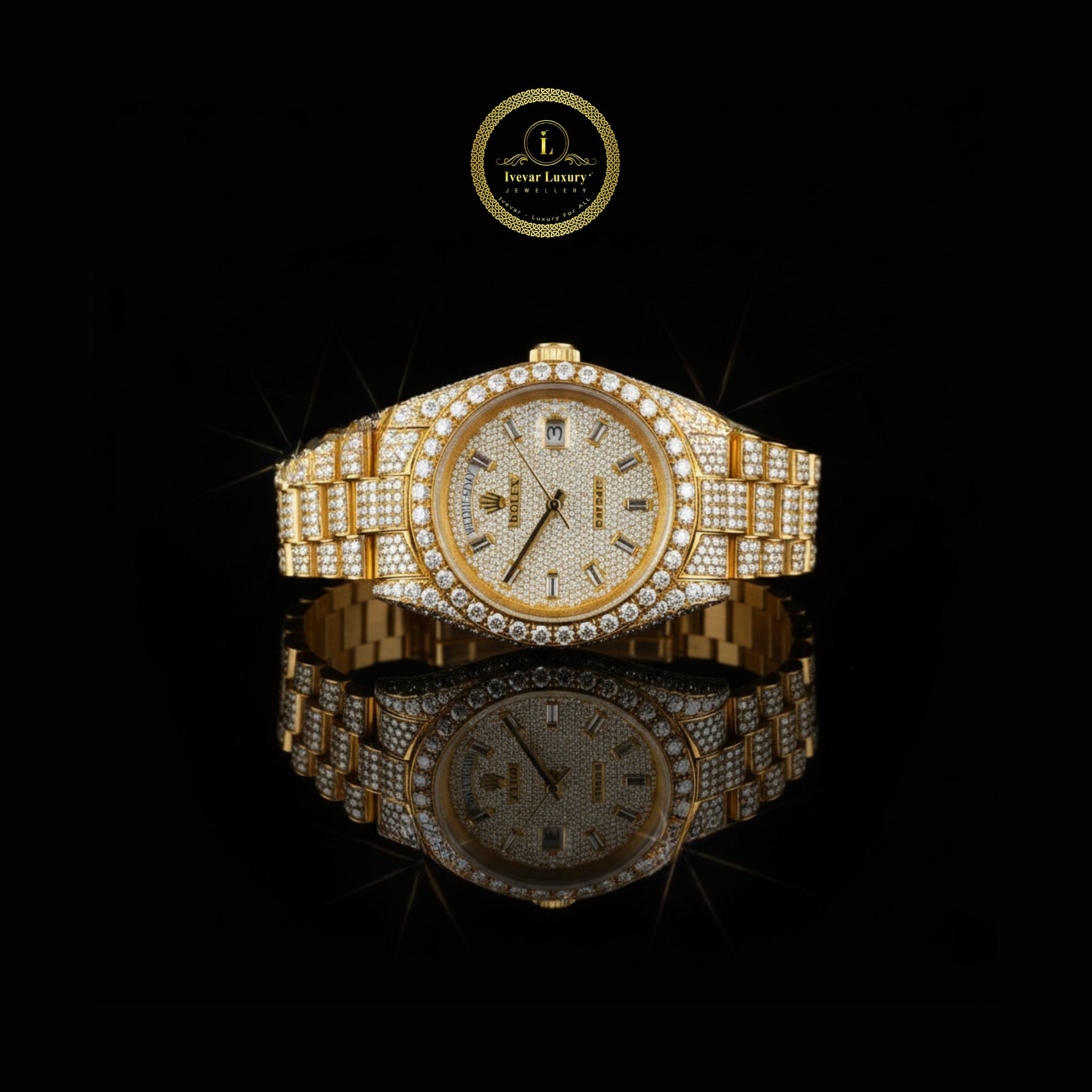 Exquisite Solid Yellow Gold Fully Iced-Out Lab Diamond Timepiece with