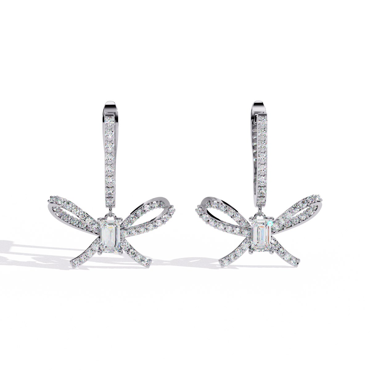 Exquisite Moissanite Diamond Bow Earrings with Emerald Cut Centerpiece & Pavé Ribbon Detailing - View 2
