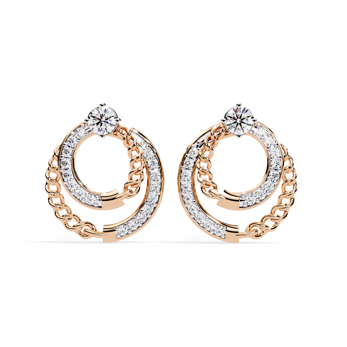 Double Circle Lab Diamond Round Stud Earrings with Pavé Chain Detail - View 2