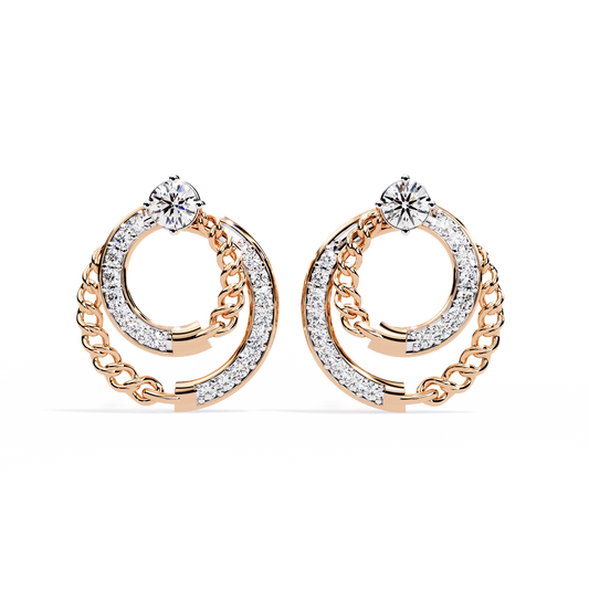 Double Circle Lab Diamond Round Stud Earrings with Pavé Chain Detail - View 2