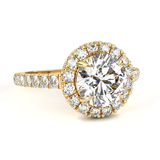 Round Cut Sunburst Halo Moissanite Diamond Ring with Pave Band - View 2