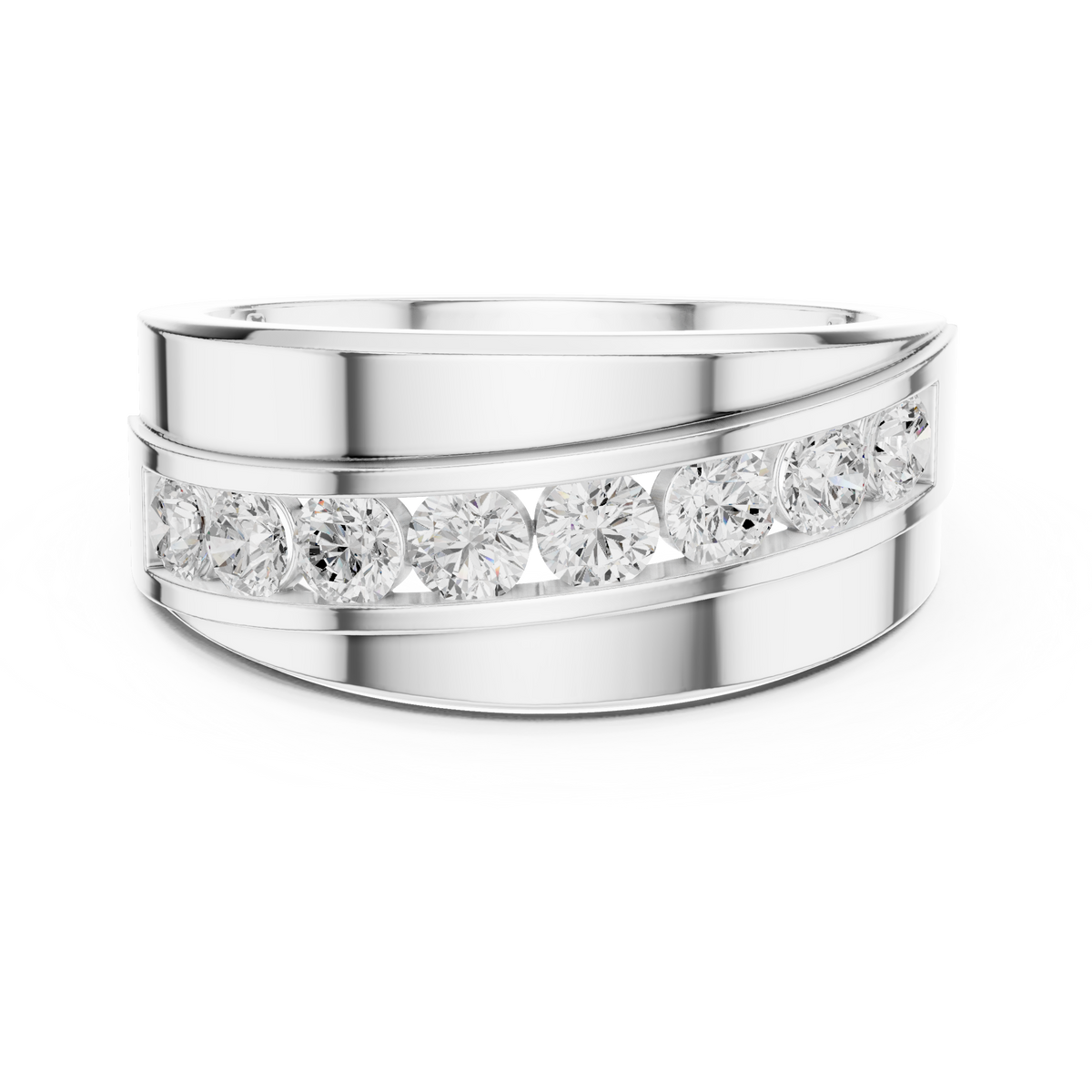 Round Cut Moissanite Diamond Men's Curved Swirl Channel Set Gold Band - View 3