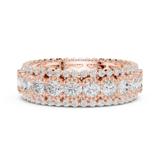 Triple Row Round Cut Moissanite Diamond Milgrain Eternity Band Ring - View 2
