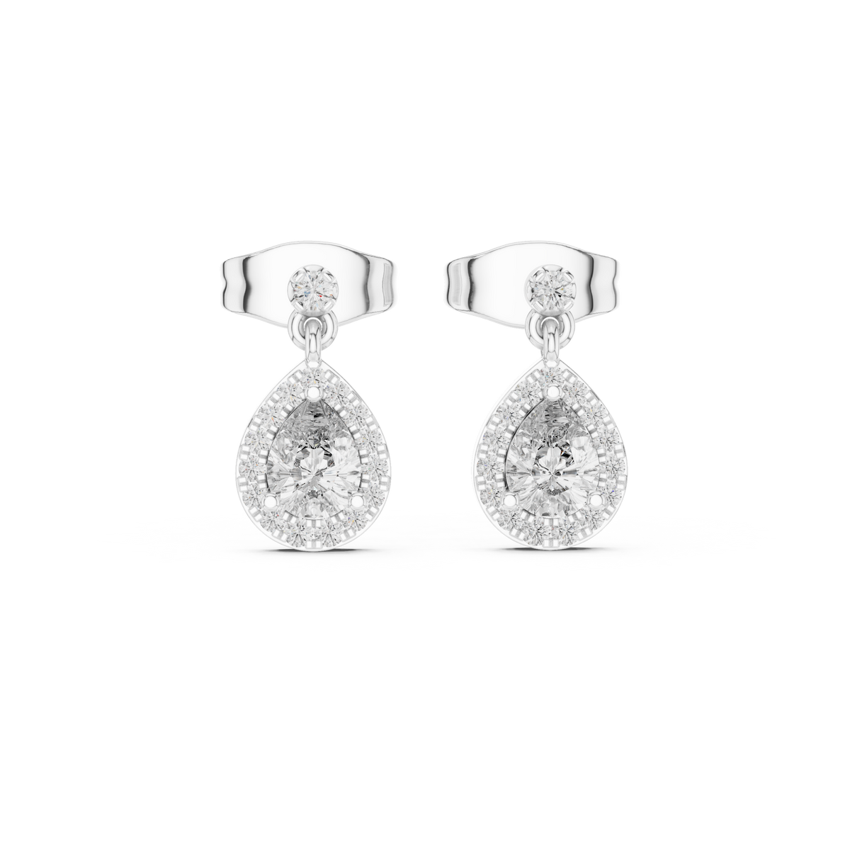 Pear Shape Moissanite Diamond Miniature Halo Drop Earrings With Push Back - View 3