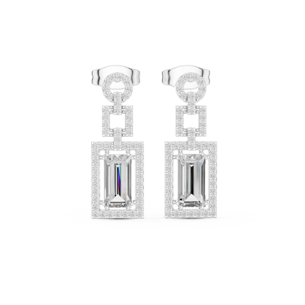 Art Deco Rectangular Halo Emerald Cut Lab Grown Diamond Chandelier Drop Earring - View 3