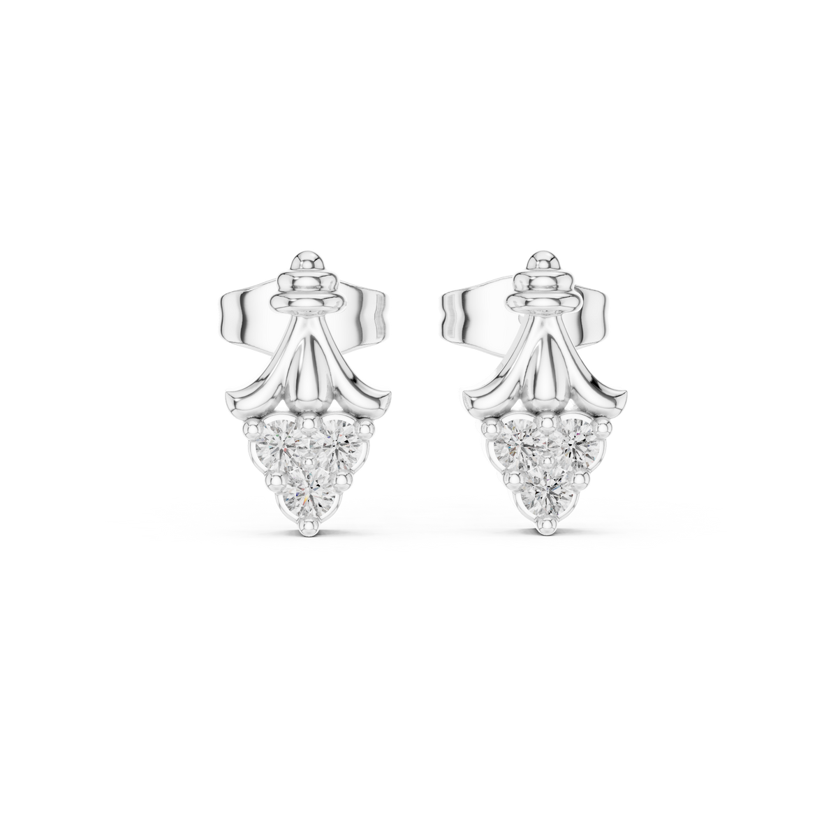 Vintage Scroll Triple Round Lab Diamond Cluster Ornate Crown Motif Stud Earrings - View 3