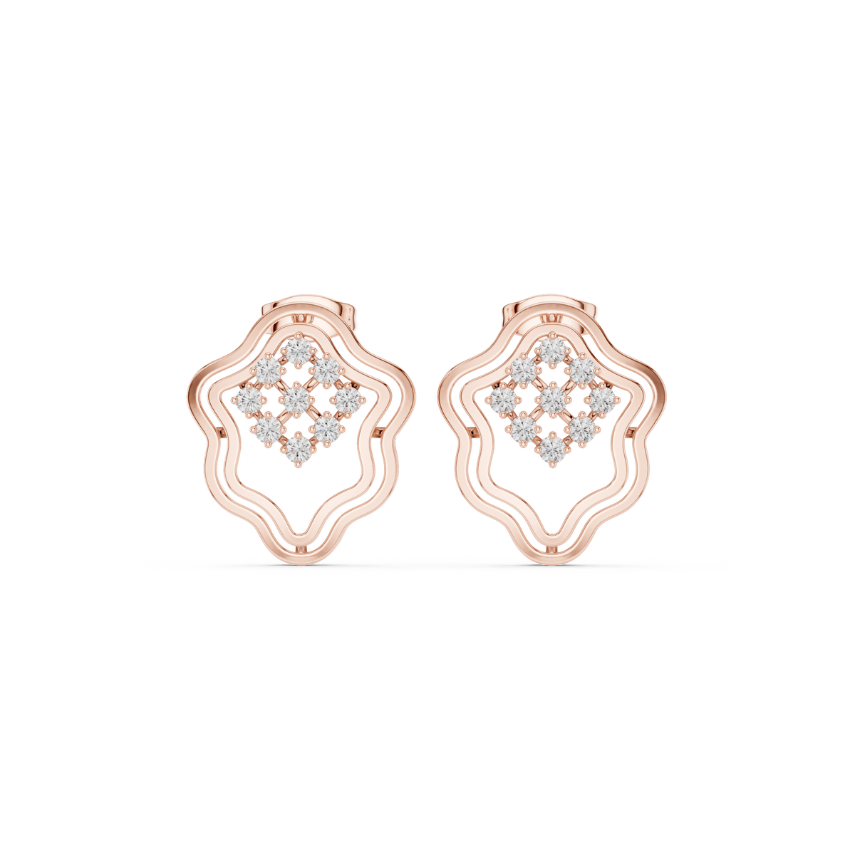 Moroccan Lattice Round Brilliant Cut Moissanite Diamond Stud Earrings Scalloped Openwork - View 2