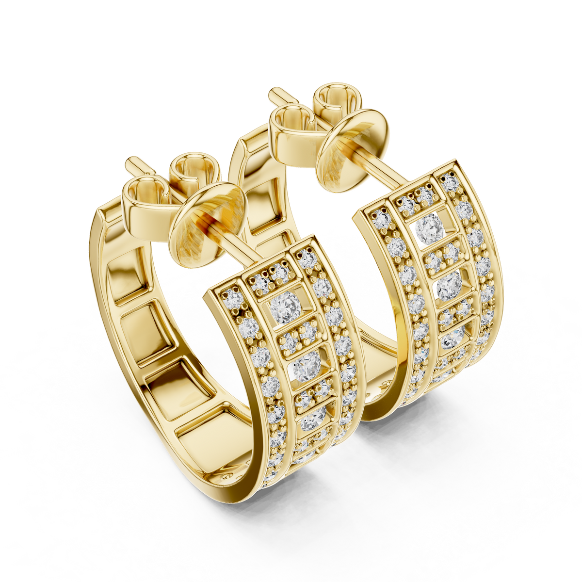 Round Moissanite Diamond Geometric Grid C Hoop Earrings with Micro Pavé Rows - View 4