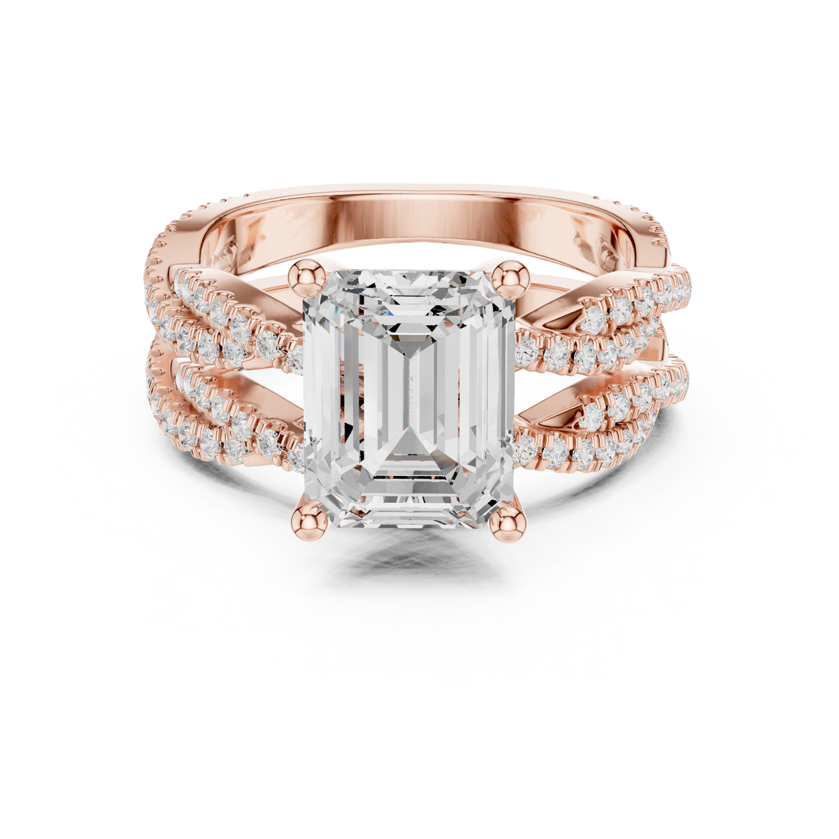 Emerald Cut Moissanite Diamond Women's Crisscross Split Band Gold Ring - View 2