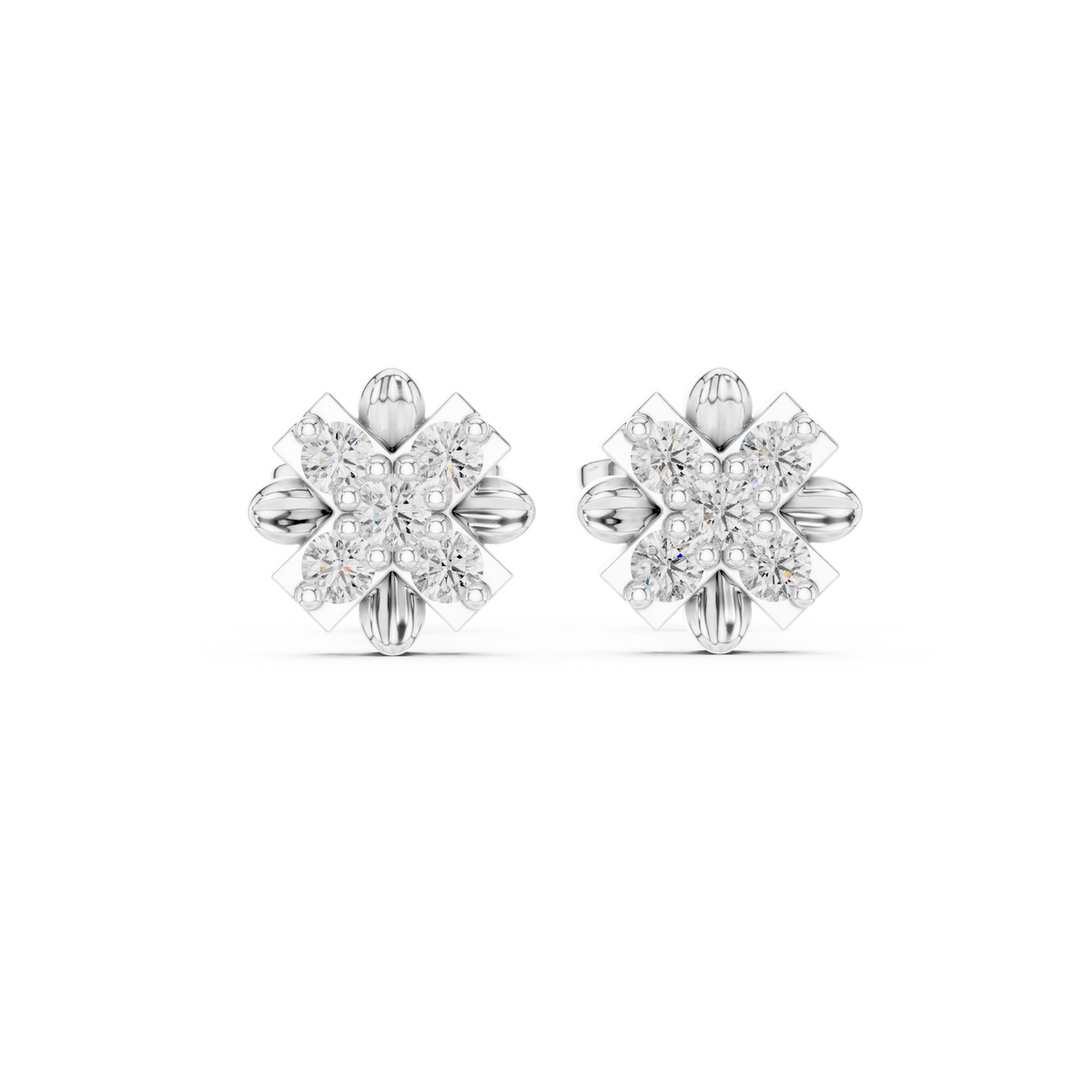 Floral Cross Round Moissanite Diamond Stud Earrings with Sculpted Petal Motif Cluster - View 3