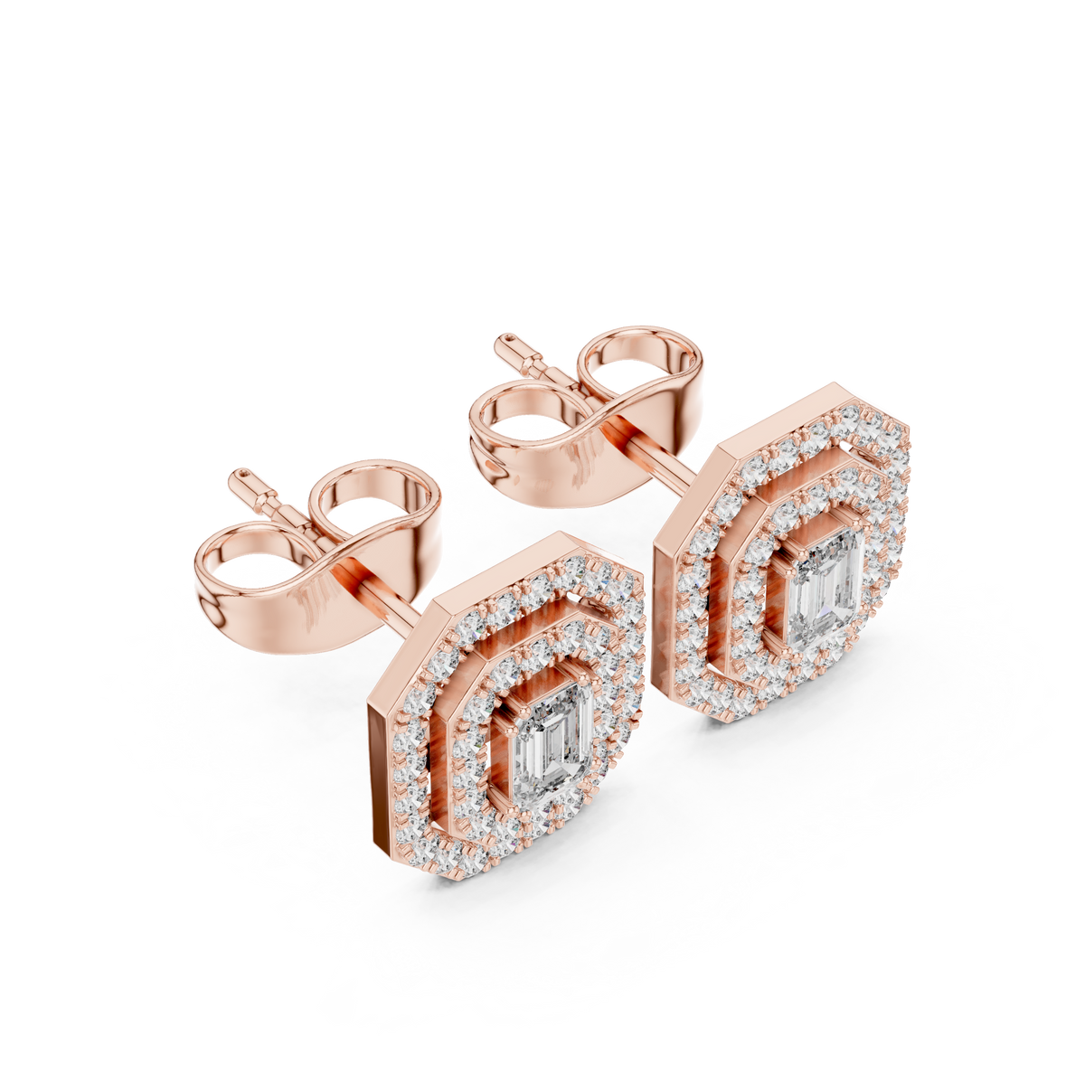 Octagonal Double Halo Emerald Cut Moissanite Diamond Stud Earring - View 5