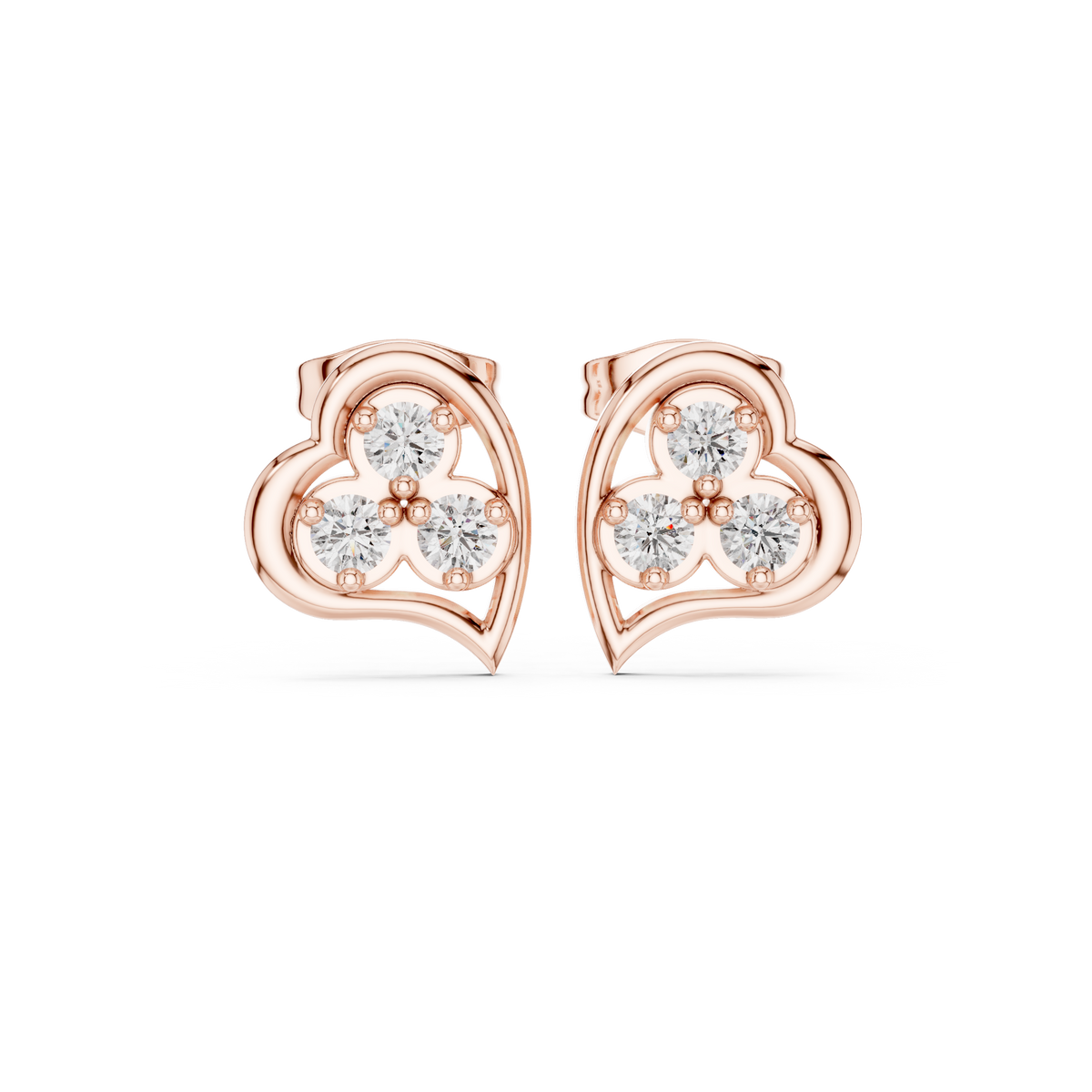 Three Stone Heart Round Brilliant Cut Lab Diamond Stud Earrings Trefoil Cluster - View 2
