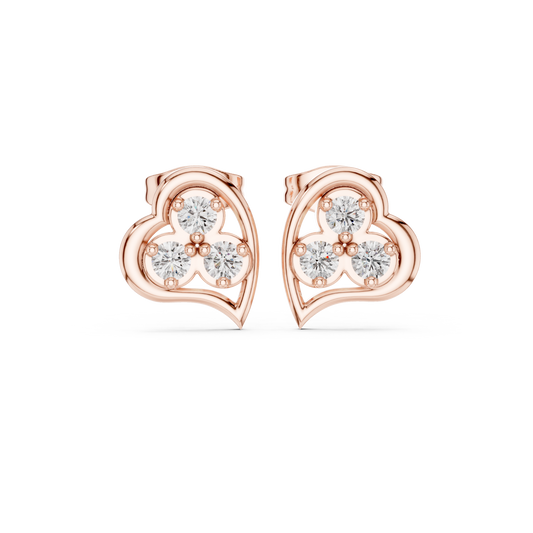Three Stone Heart Round Brilliant Cut Moissanite Diamond Stud Earrings Trefoil Cluster - View 2