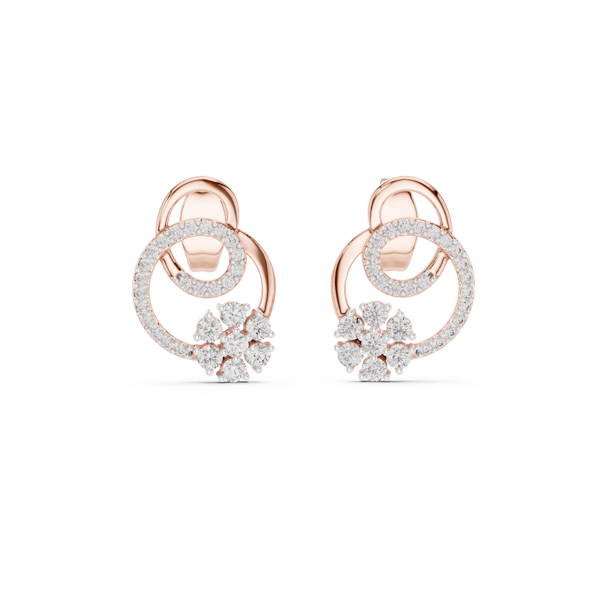 Cluster Swirl Circle Lab Grown Round Diamond Stud Earrings with Pave Halo Ring - View 2