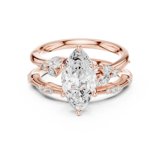 Marquise Cut Moissanite Diamond Women's Vintage Cluster Bridal Ring Set - View 2