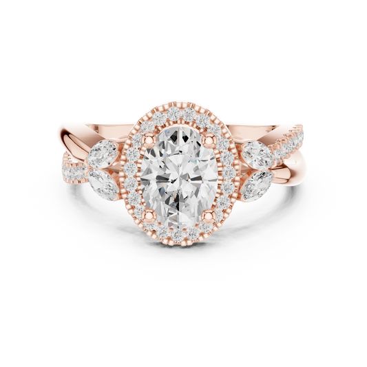 Oval Cut Halo Moissanite Diamond Twisted Split Shank Ring - View 2