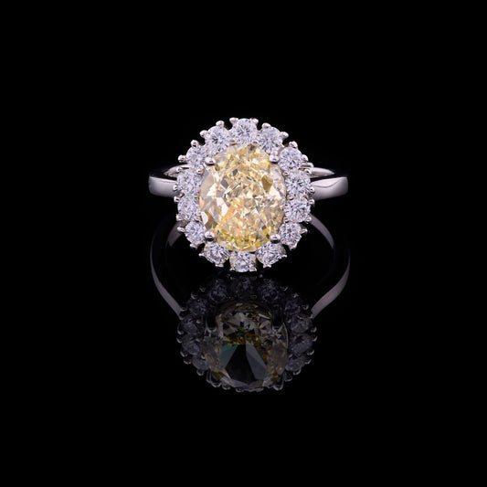 Halo Fancy Intense Yellow Oval Moissanite Diamond Wedding Ring With Pave Setting