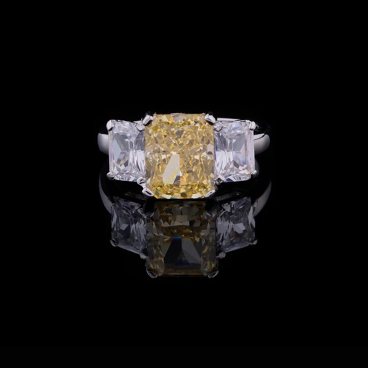 Fancy Vivid Yellow Radiant Moissanite Diamond Three Stone Engagement Ring