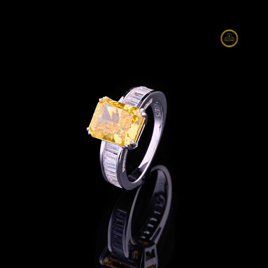 Fancy Vivid Yellow Radiant Cut Moissanite Diamond With Baguette Sidestone - View 2